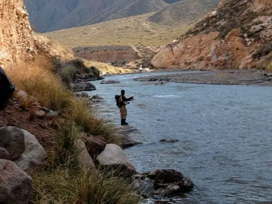 Pescador con caña de mosca en la orilla de un río de montaña
