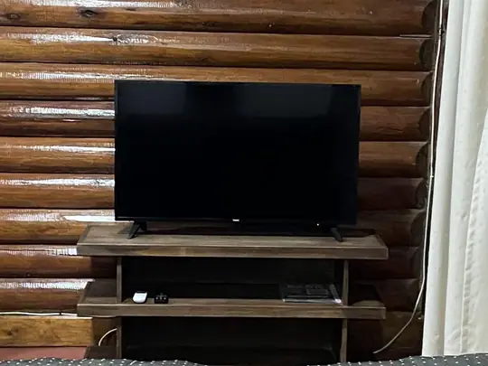 Smart TV sobre un mueble, frente a la pared de troncos
